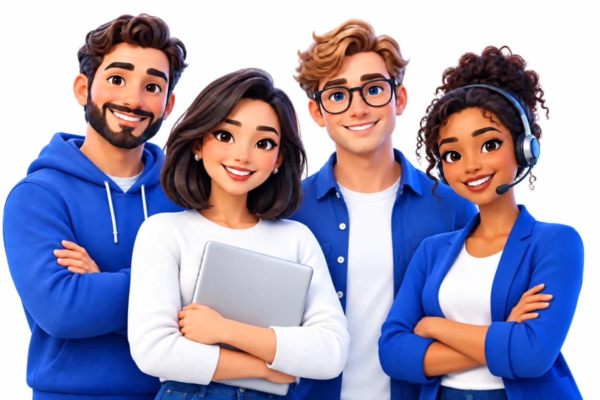 A fictional four-person team in a blue and silver 3D cartoon illustration