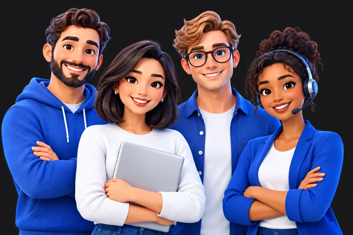 A fictional four-person team in a blue and silver 3D cartoon illustration