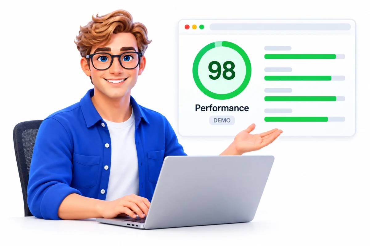 The team engineer with an illustrative PageSpeed-style performance dashboard