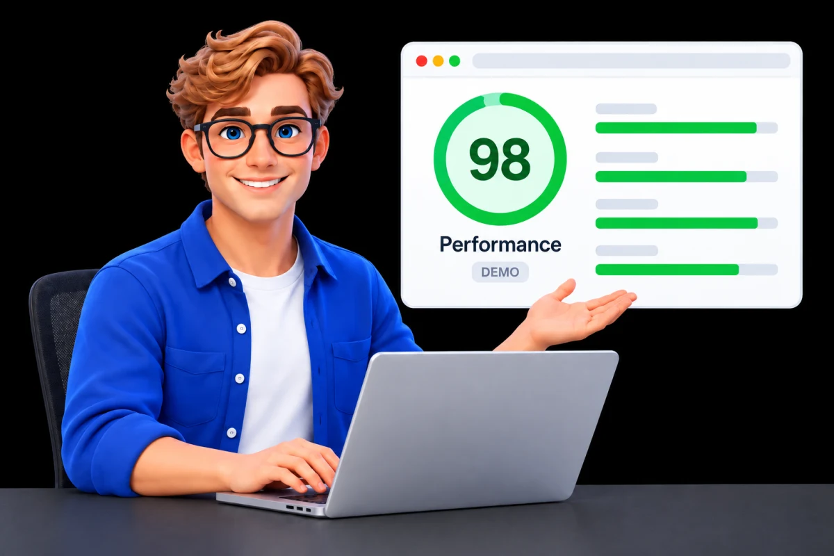 The team engineer with an illustrative PageSpeed-style performance dashboard